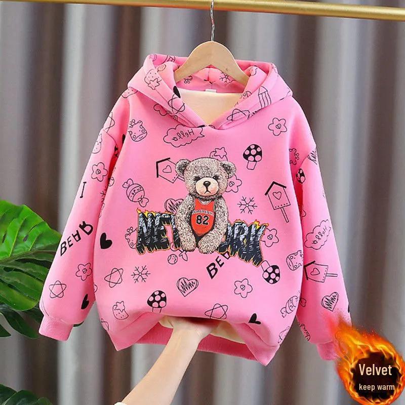 

Бархатные толстовки с капюшоном для девочек на осень/зиму – плотные, модные повседневные топы в корейском стиле для маленьких девочек 120 cm розовый