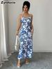 French Vintage Blue and White Porcelain Style Strapless Dress for Women Summer Slim Fit Long Beach Cover-Up Maxi Skirt