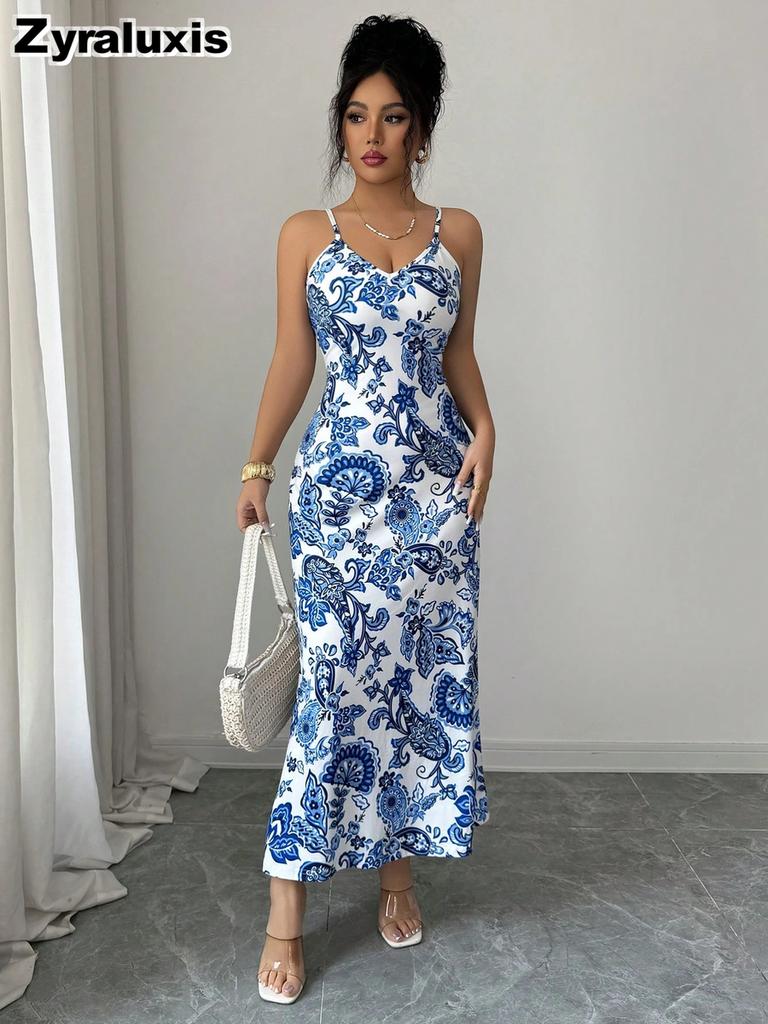French Vintage Blue and White Porcelain Style Strapless Dress for Women Summer Slim Fit Long Beach Cover-Up Maxi Skirt
