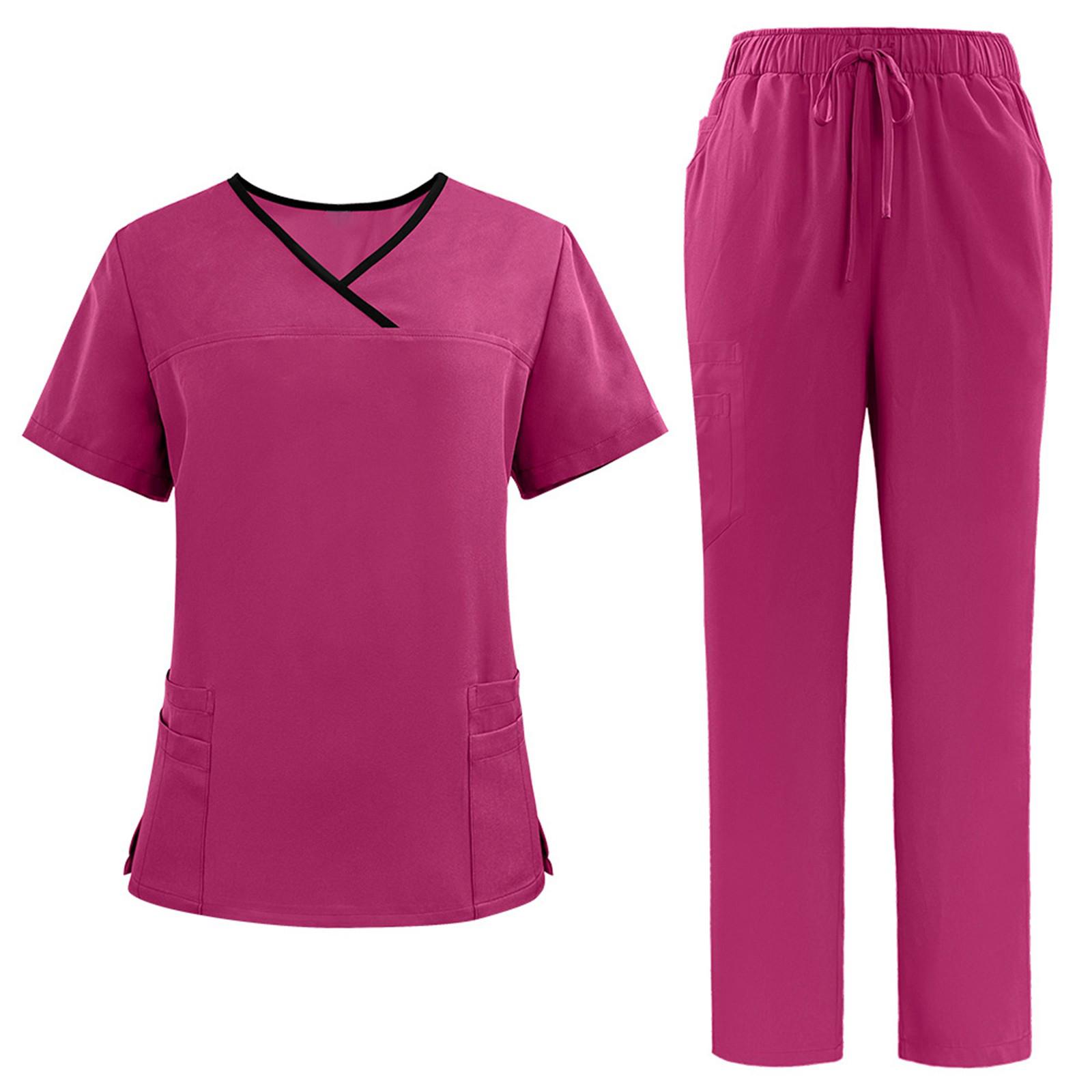 

Women Nurse Scrub Set Quick Dry Fabric V Neck Top with Black Trim Pockets Short Sleeve and Elastic Waistband Pants Medical Workwear Uniform XL