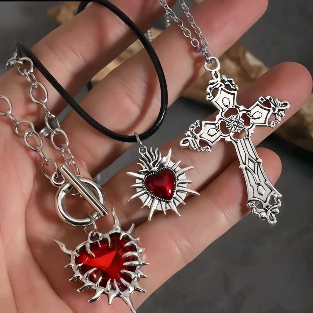 Gothic Heart Cross Pendant Necklace With Alloy Chain For Fashion Accessories