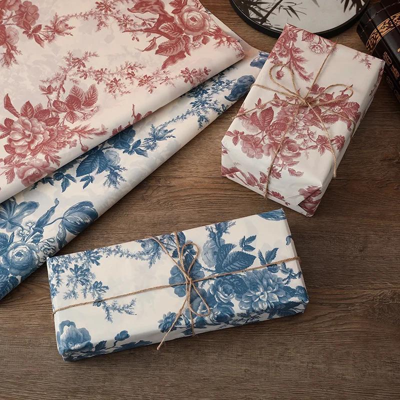 76x50 cm/5 pieces Chinese style blue and white peony painting print flower wrapping paper Classic art Vintage paper