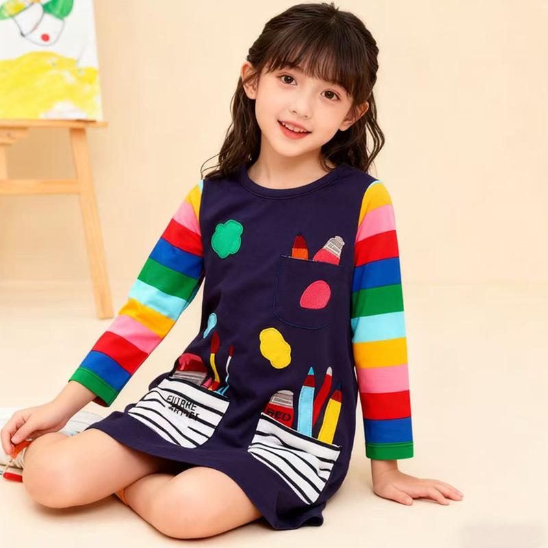 Girls' Short-Sleeved Cotton A-Line Dress with Embroidered Pocket