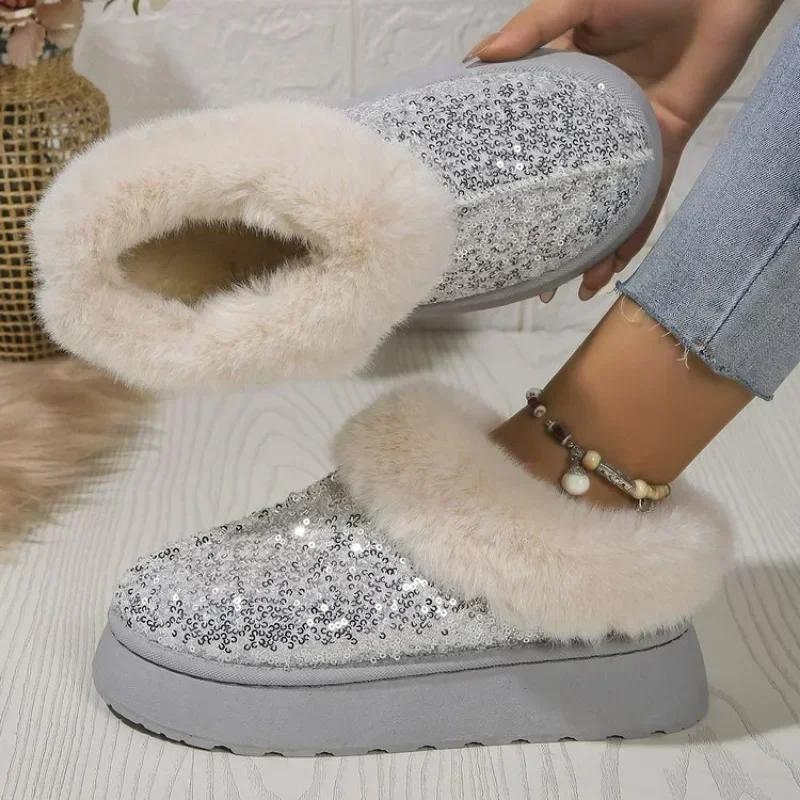 Winter Boots Women 2025 Fashion Sequined Cloth Warm Snow Boots Woman Non-Slip Thicken Plush Ankle Booties Plus Size 44 Faux Fur