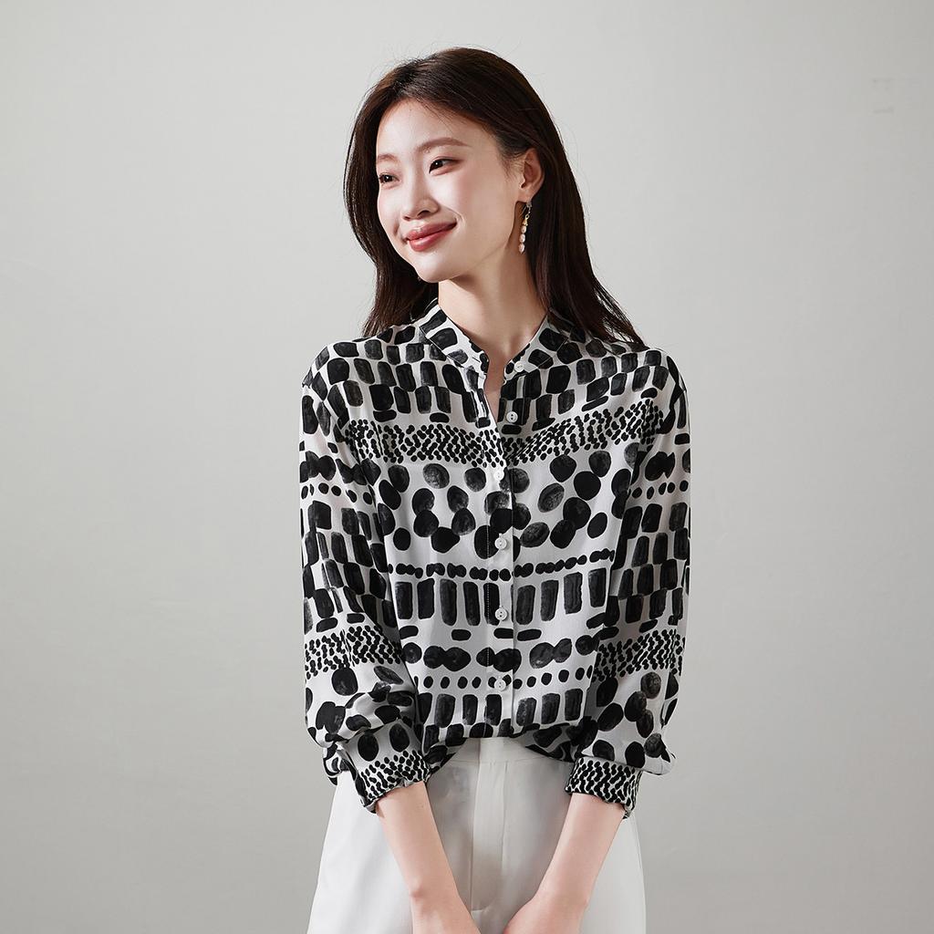 100% Mulberry Silk Printed Long-Sleeved Shirt for Women