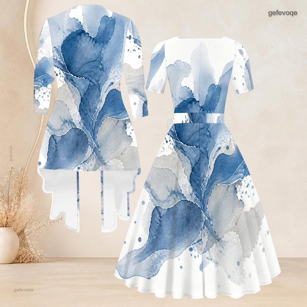 Women Plus Size Two Piece Set Square Neck Short Sleeve Tie Waist Printed Flared Dress 3 4 Sleeve Open Cardigan Blue White