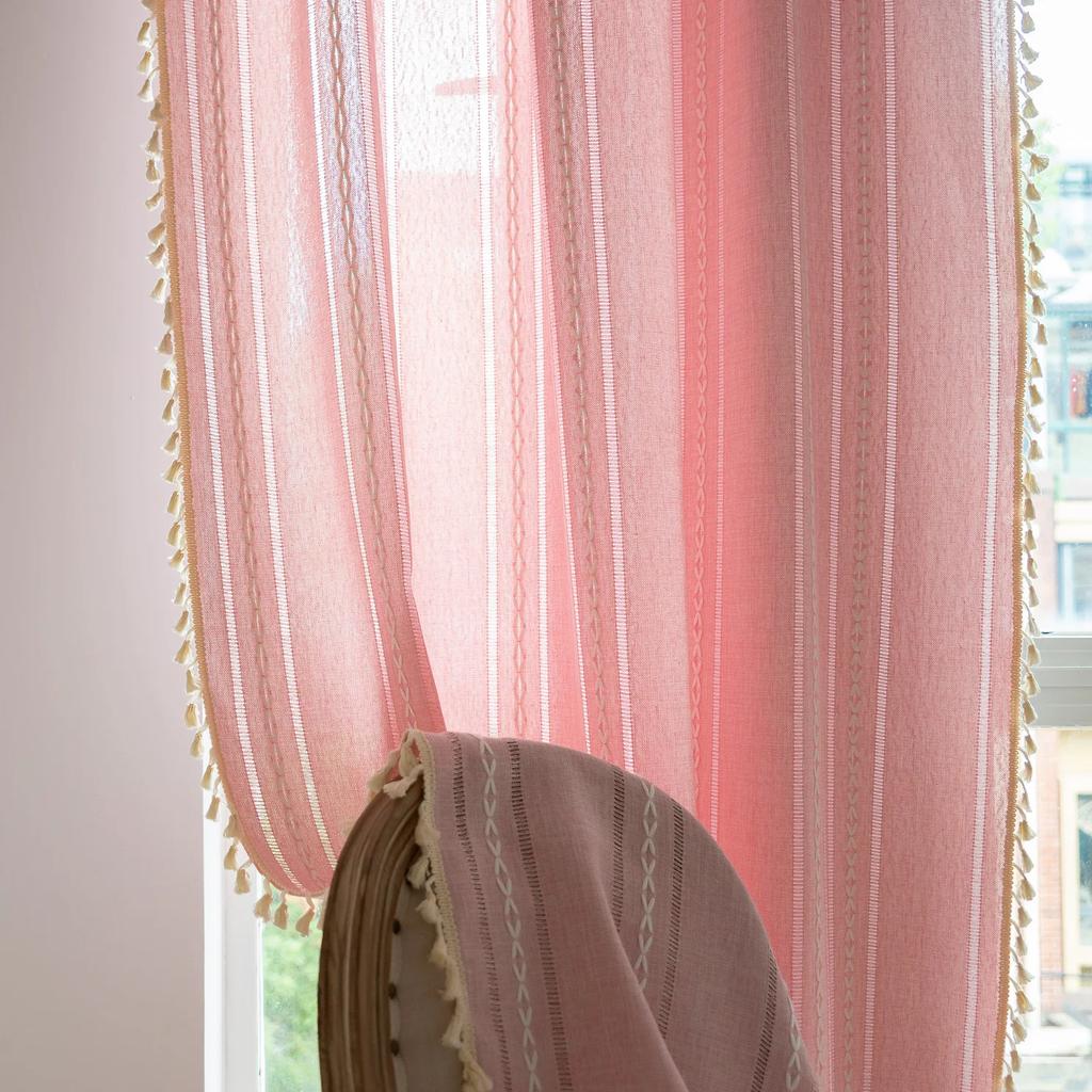 Bohemian Style Khaki Geometric Tassel Curtains Semi Blackout Curtains for Living Room Bedroom Kitchen Home Decoration Curtains
