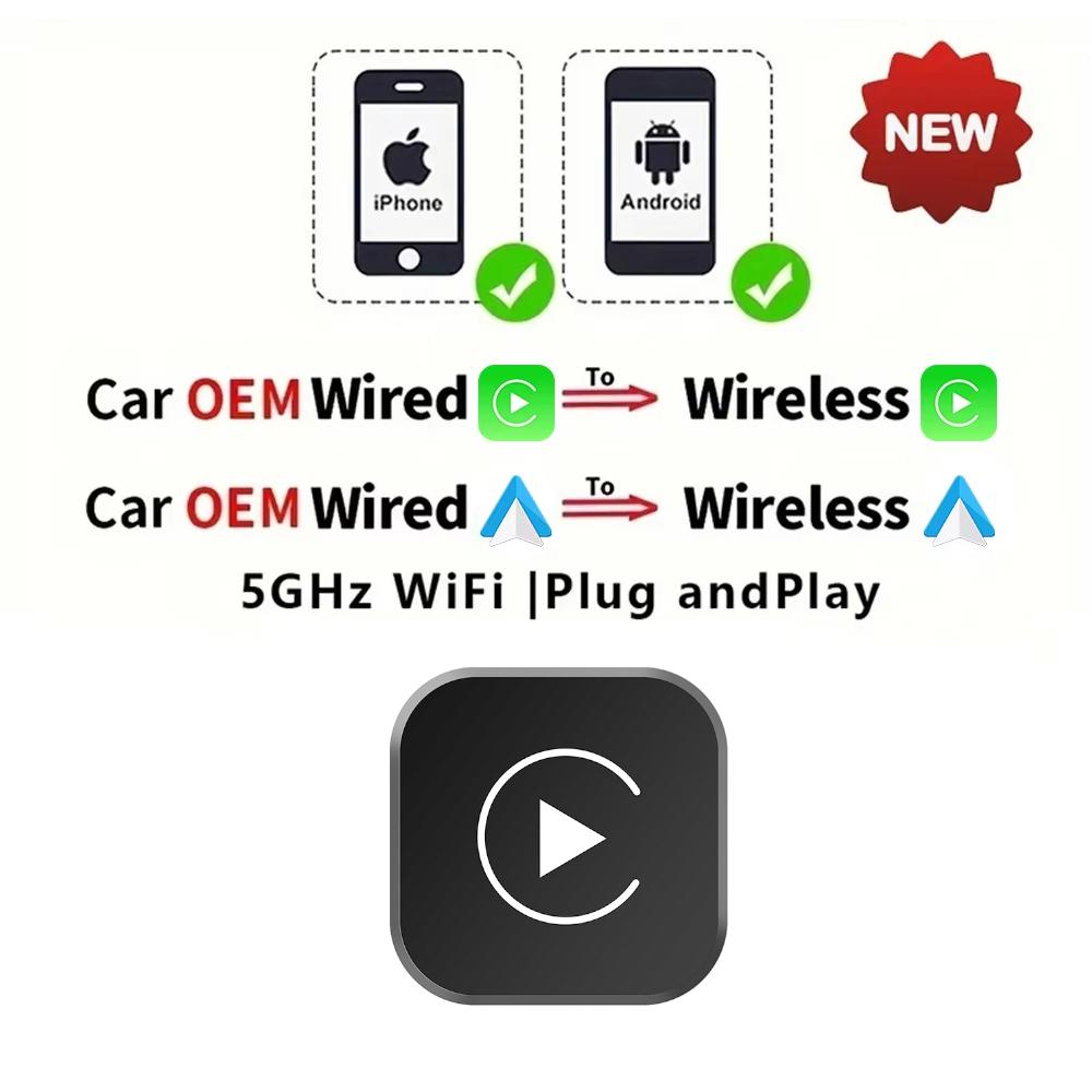 Беспроводной адаптер CarPlay 2 в 1 Преобразует проводной в беспроводной адаптер CarPlay для iPhone и Android, Plug & Play CarPlay