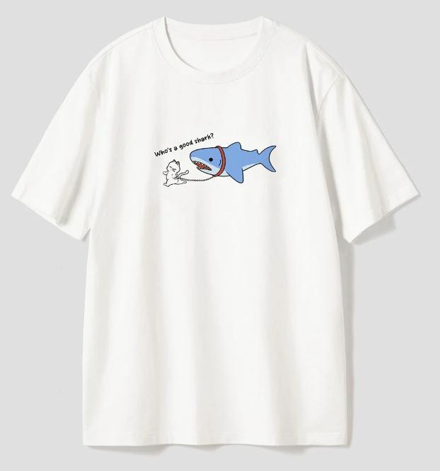 Cute Funny Cat Walking Shark Graphic TShirt Casual Tee for Student Women Unisex Streetwear Top Stylish Versatile Minimalist Simple