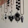 Gothic Bat Cross Dark Thorn Love Heart Pendant Black Bead Stacked Necklace Y2K Personalized Halloween Charm Grunge Jewelry Gift