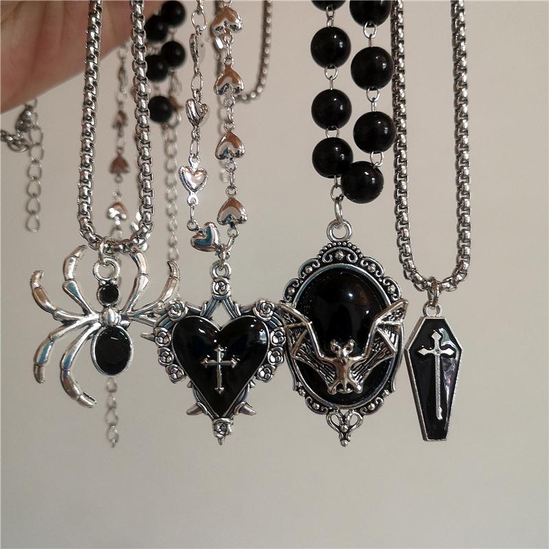 Gothic Bat Cross Dark Thorn Love Heart Pendant Black Bead Stacked Necklace Y2K Personalized Halloween Charm Grunge Jewelry Gift