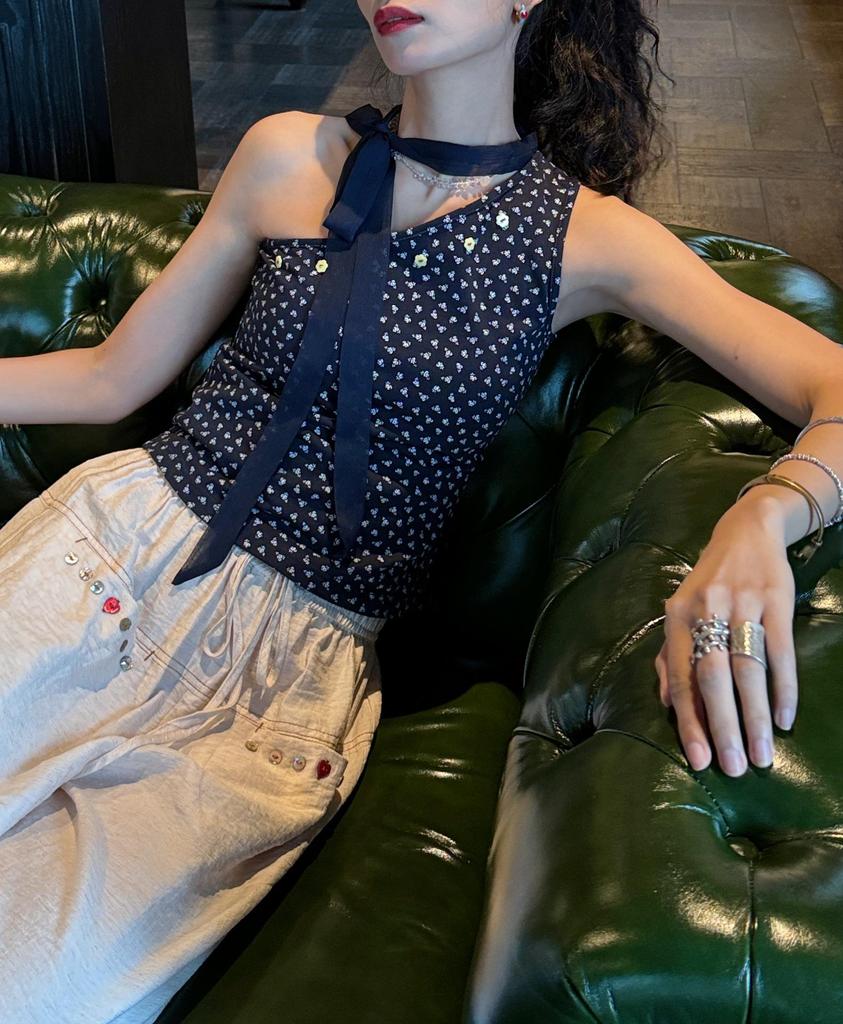 Floral Off-Shoulder Camisole Vest with Hanging Neck Scarf - Women's Slimming Spring/Summer Top