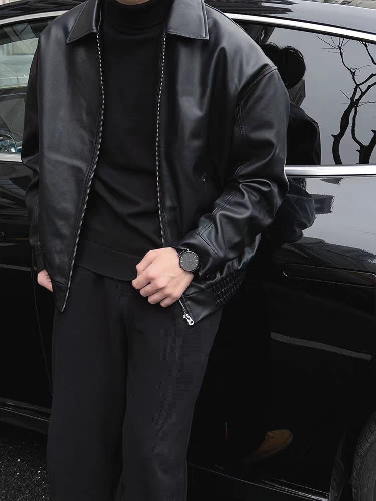 Men's European-Style Black Executive PU Leather Workwear Jacket with Lapel Zipper