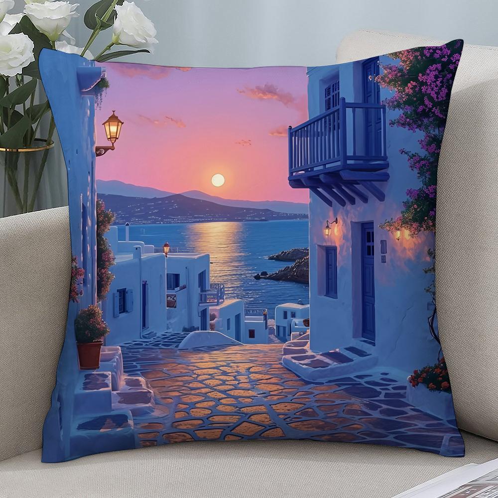 Santorini Landscape Pillow Case Short Plush Pillow Covers Sofa Decorative Gift Home Double-Sided Printing Cushion Cover