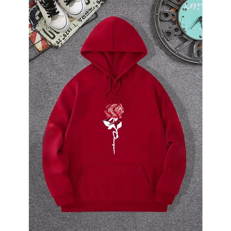 Rose Art Letters Printed Hoodie Casual Street Women's Sweatshirt Comfortable Pullover Round Neck Loose Women's Clothing Y2K Top