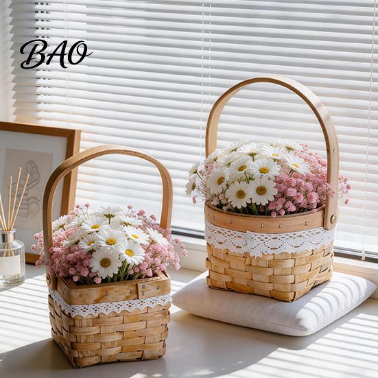 Hand-woven Flower Basket Basket, with Lace Decor, Hand-Woven Wicker Rattan Rustic Wood Portable Floral Gift Handmade