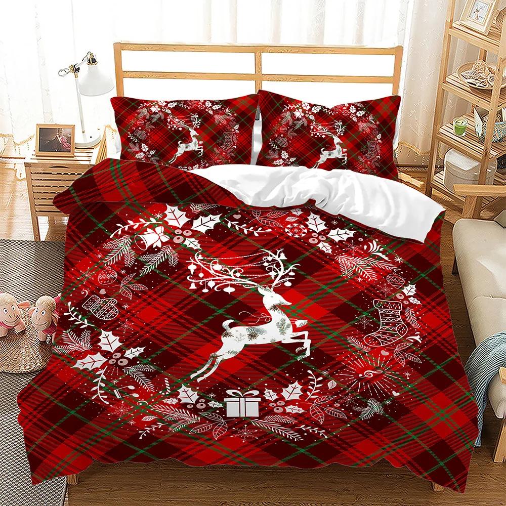 Merry Christmas Tree Duvet Cover Navidad Plaid Twin King Festival Santa Deer Bedding Set Polyester Quilt For Adults Home Decor