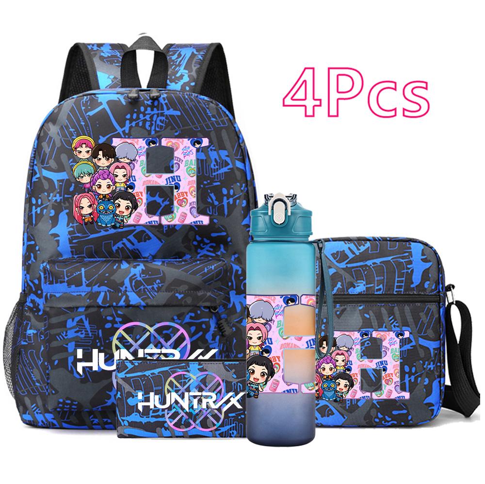 4Pcs/set 26 English Letter Printed Backpack Large Capacity Bookbag Shoulder Bag Case Bag with 750ml Water Bottler Boy Girl Waterproof SchoolBag Gift