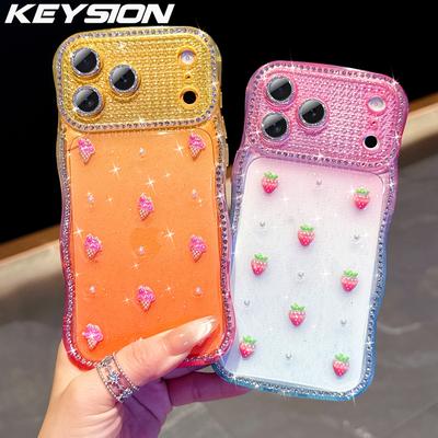 KEYSION Custodia per Telefono Frutta Cartone Animato 3D per iPhone 13 14 15 16 17 Pro Max 17 17 Air 16 Plus Trasparente Degradé Strass Ondulata Antiurto