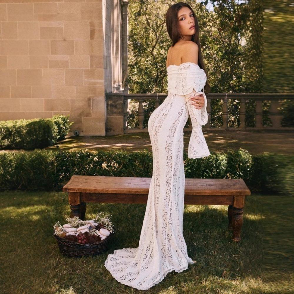 Women's Off Shoulder Long Sleeve Mermaid Maxi Dress Slim Fit High Waist Elegant Lace Wedding Guest Evening Dress