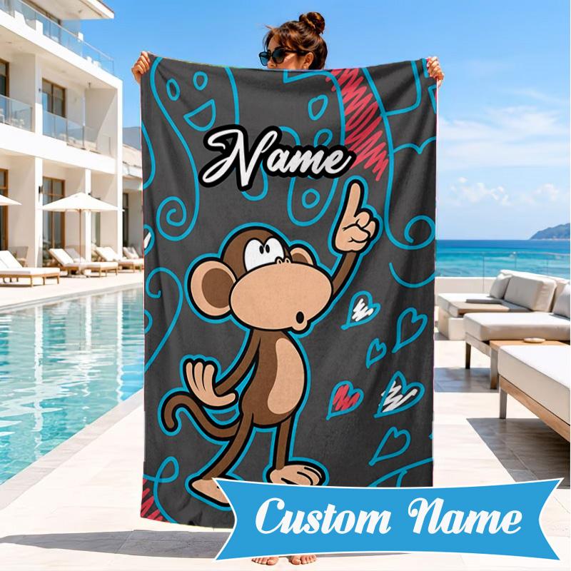 Custom Name Monkey Refuses Listen Heart In Space Adventure Microfiber Beach Towel, Lightweight for Summer Travel, Swimming Pool Fan Gift