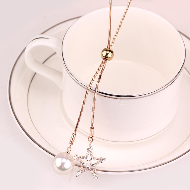 Japanese And Korean Fashion Temperament, Five-Pointed Star Pendant, Sweater Chain, Women'S Simple Long Pearl Tassel Necklace, Accessories
