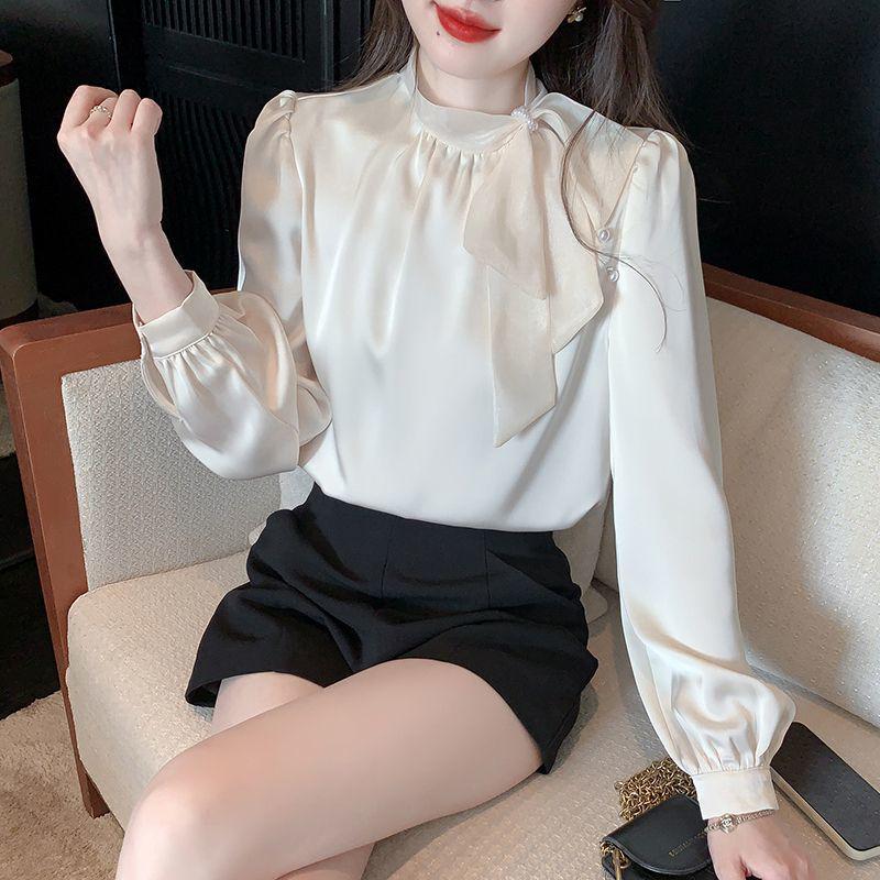 Women's French Bow Chiffon Blouse - Elegant Long Sleeve Top for Spring and Autumn.