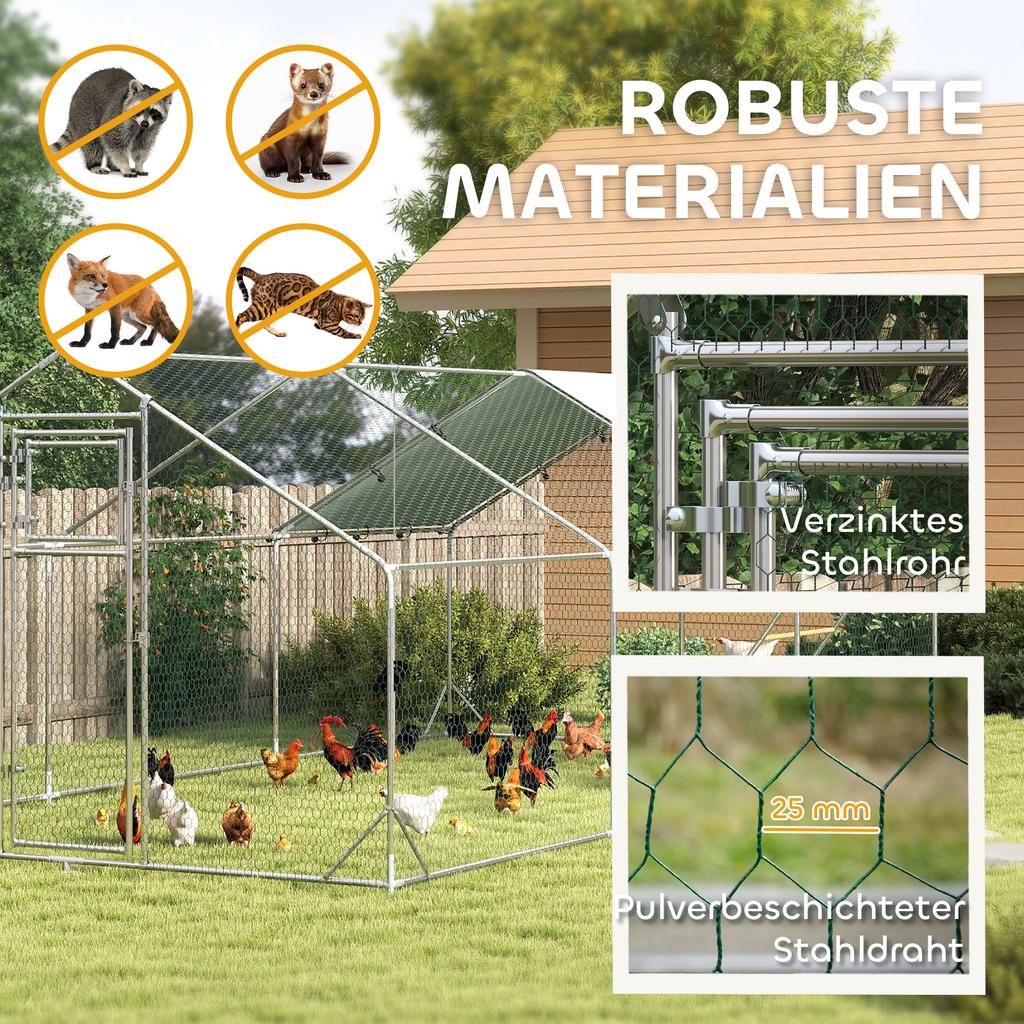 Chicken Coop, Free-Range Enclosure for Chickens, with UV-Resistant Tarp, Steel Mesh, Automatic Feeder, for 18-24 Chickens