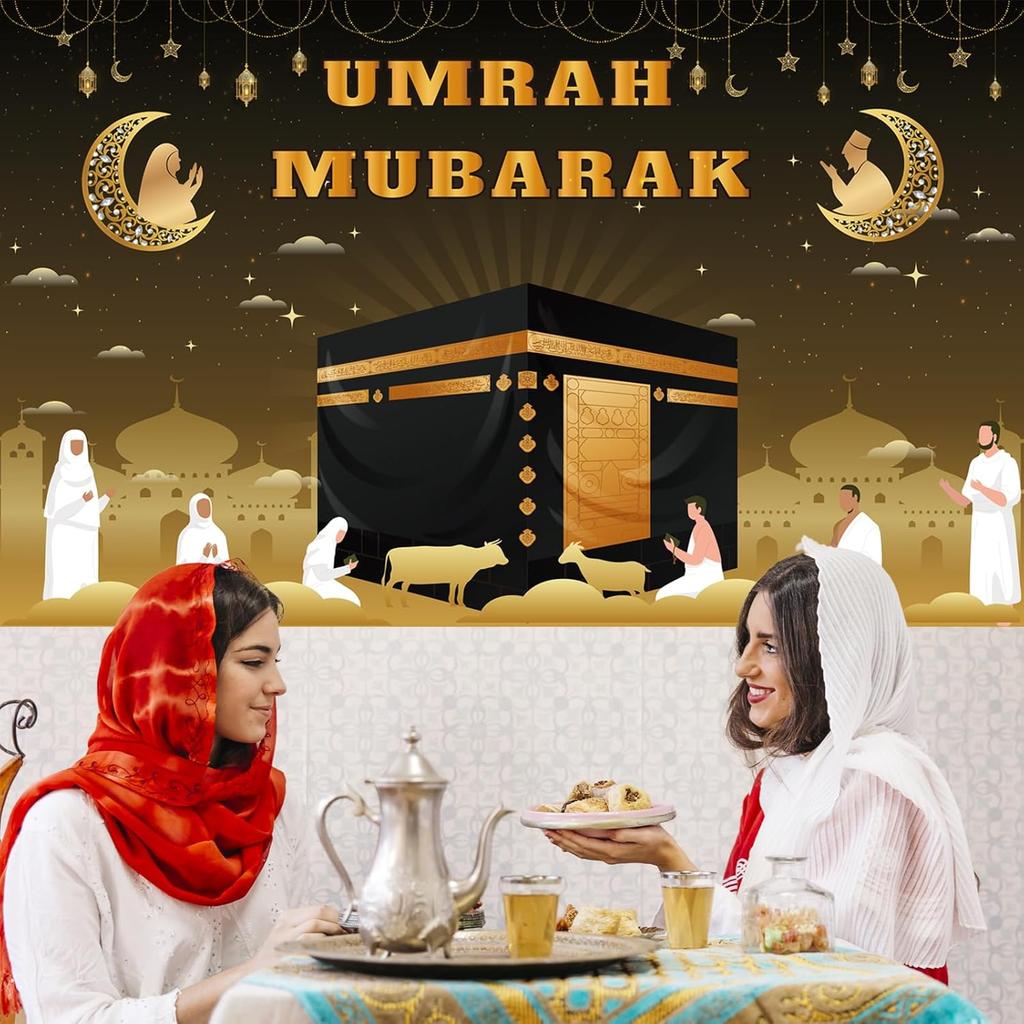 Umrah Mubarak Banner, 59×35 Inch Large Photo Booth Ramadan Mubarak Banner, Hajj Kaaba Background Ramadan Decorations for Home lslamic Muslim Eid