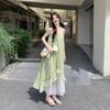 Summer new French thin small fresh dress light green seaside vacation suspender skirt women's medium and long