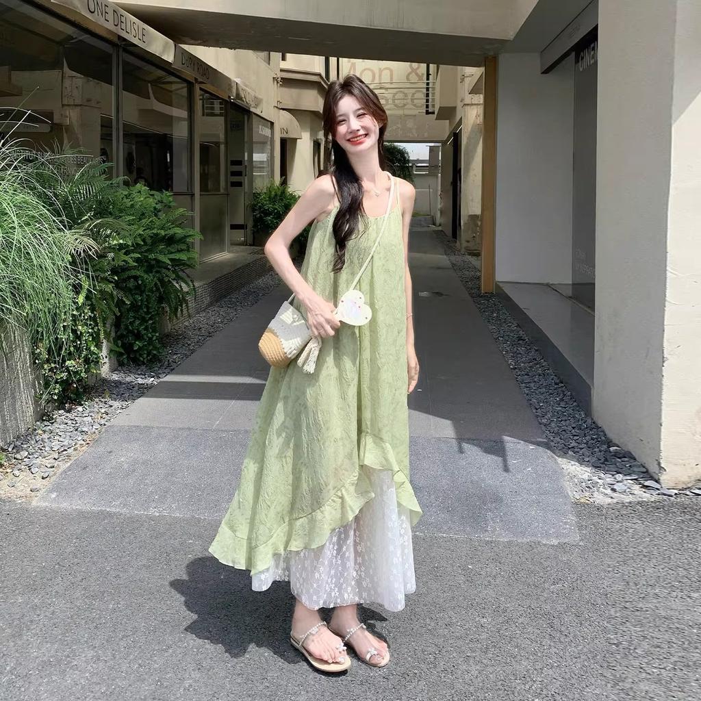 Summer new French thin small fresh dress light green seaside vacation suspender skirt women's medium and long