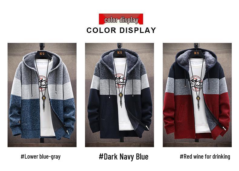Cardigan a Maglia Grossa con Velluto Interno Sfumato da Uomo - Colore Blocco Moda, a Righe, Taglia Larga, per Primavera e Autunno