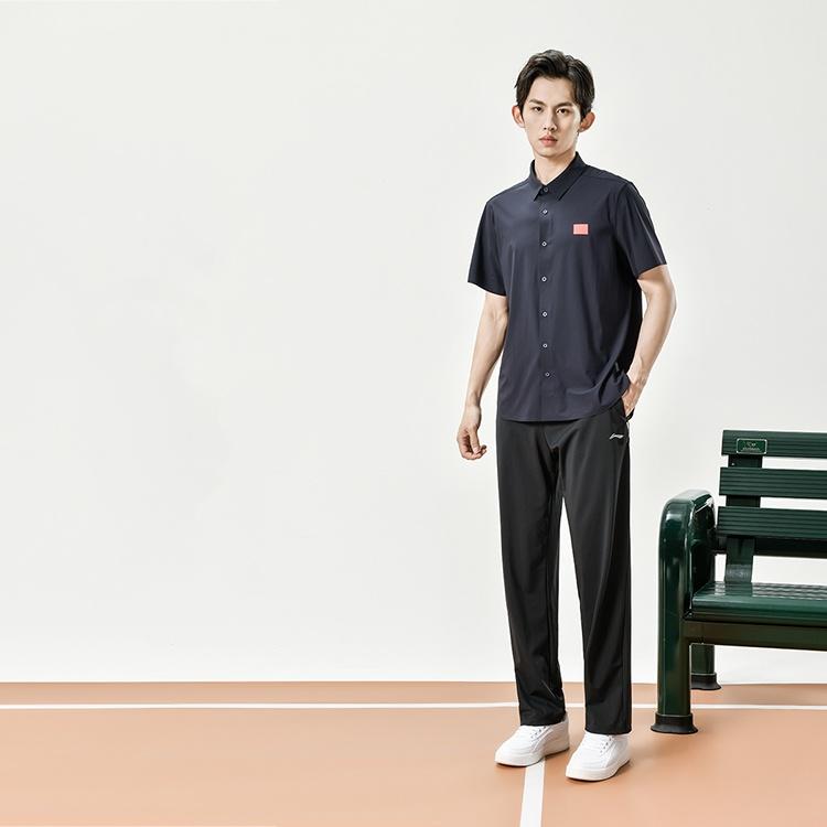 Li-Ning Solid Color Breathable Lightweight Quick-Dry Button-Up Short Sleeve Shirt Men shirts Deep-Blue ASHT469-1