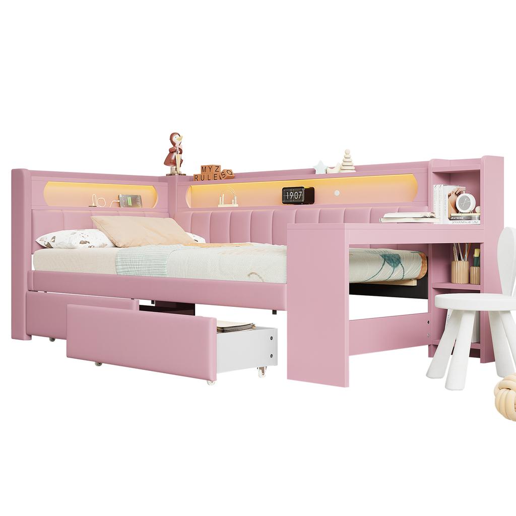 Divano Letto Imbottito 90x200 con Porte USB e Striscia LED, con Scrivania e 2 Cassetti, Rosa