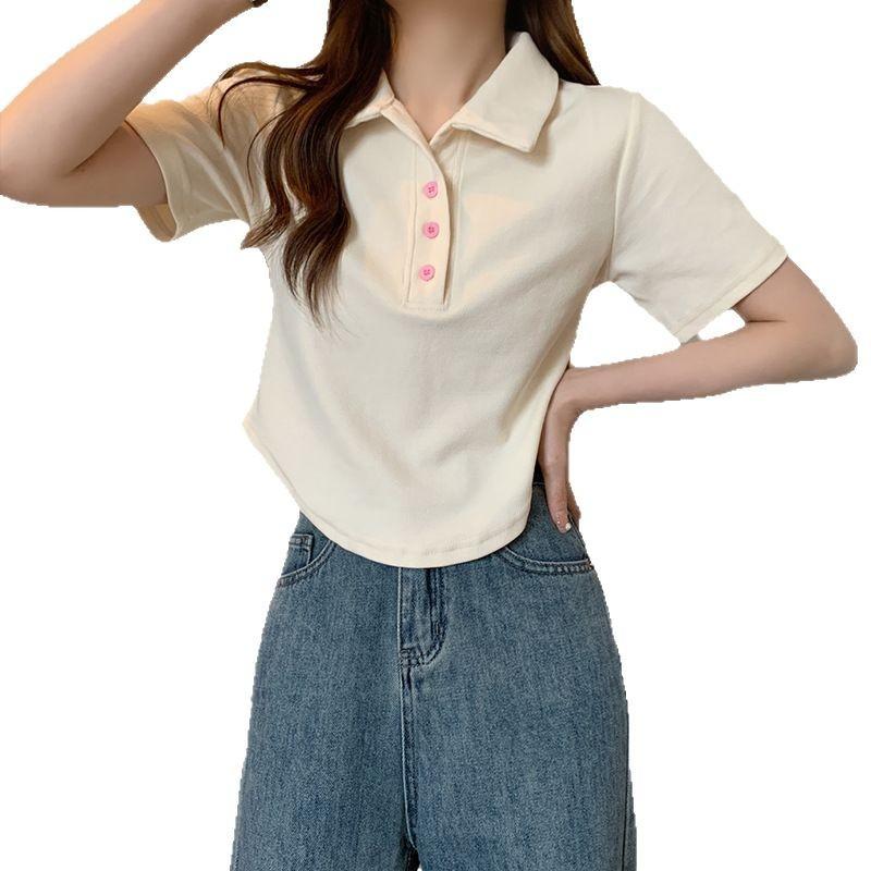 Cotton polo collar shoulder T-shirt women's summer new design sense niche chic short t-shirt top ins