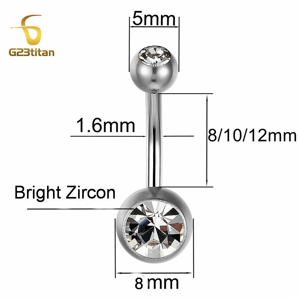 G23 Titanium 14G Barbell Zircon Navel Ring - Double-Ended Belly Piercing Jewelry (6/8/10mm)