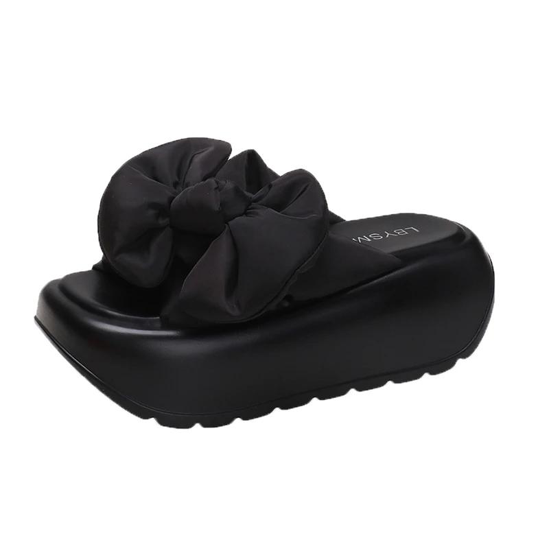 Kawaii Platform Sandals Women Summer Thick Bottom Shoes 7CM Wedges Heels Casual Sandals Comfortable Black Bowknot Slippers