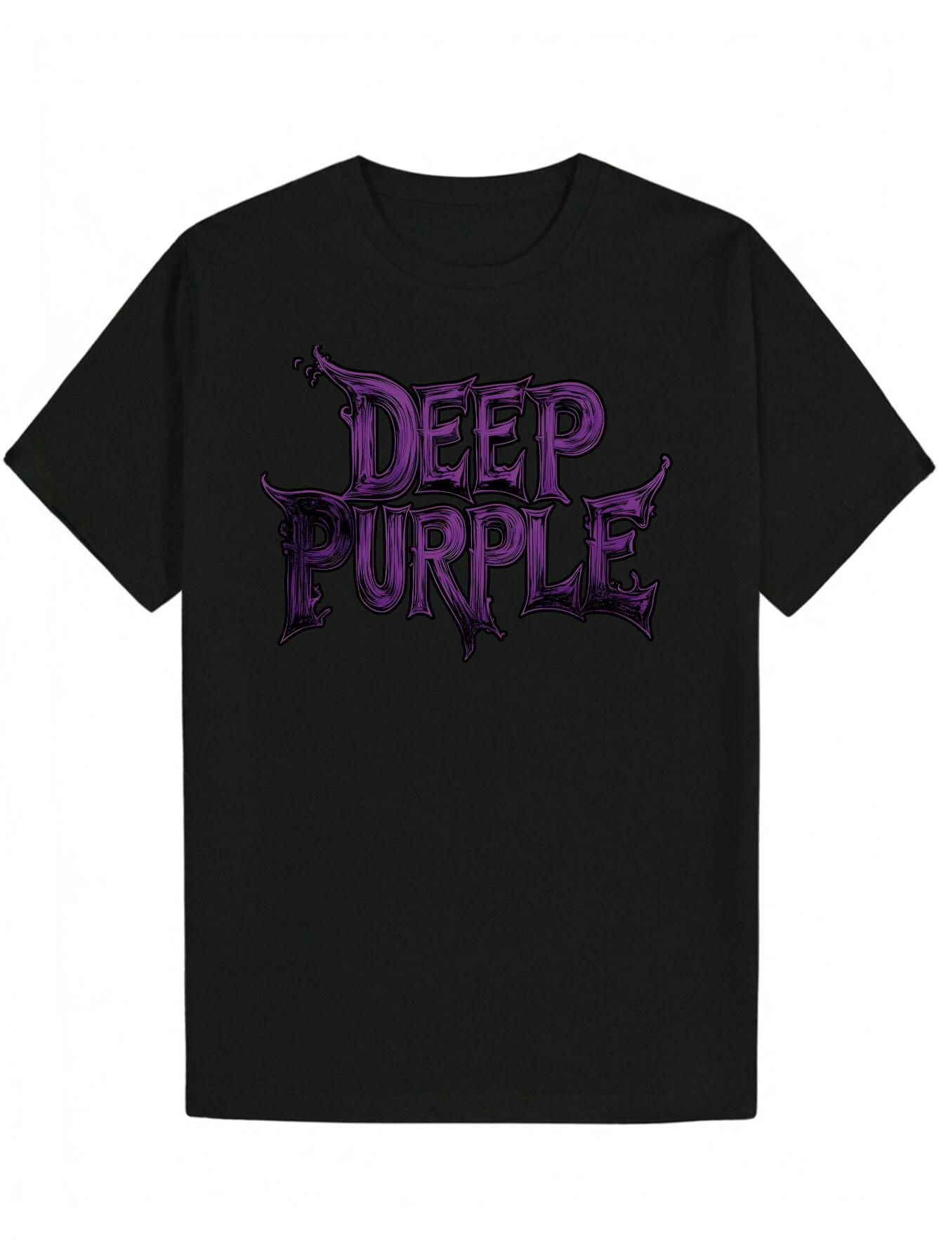 Crew Neck Polyester T-shirt with Bold DEEP PURPLE Letter Print XXL