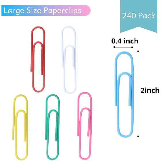 Mr. Pen- Paper Clips, 2 Inch, 240 Pack, Large Colored Paper Clips, Colored Paper Clip, Clip, Paperclips, Paper Clip, Office Supplies, Clips for