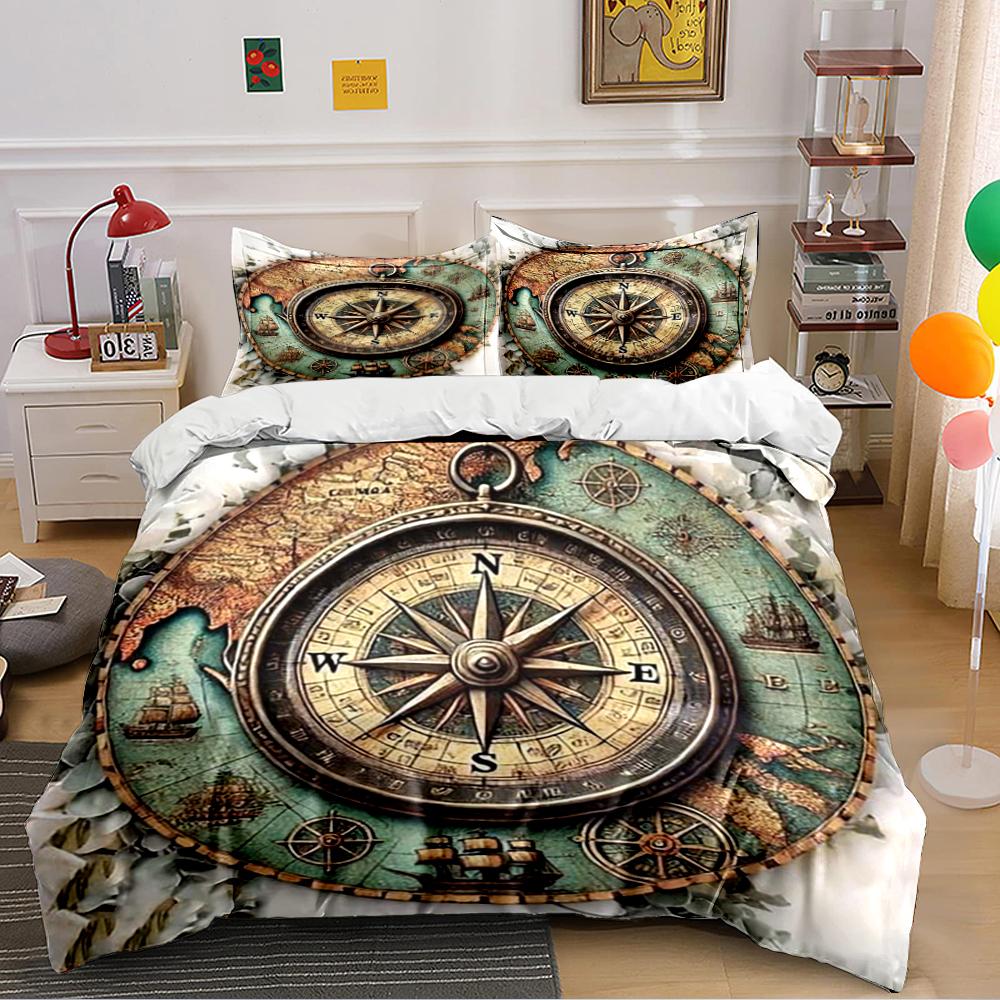 Vintage Compass and Map Bedding Set Bedding Set (1 Duvet Cover, 2 Pillowcases, Duvet Not Included)