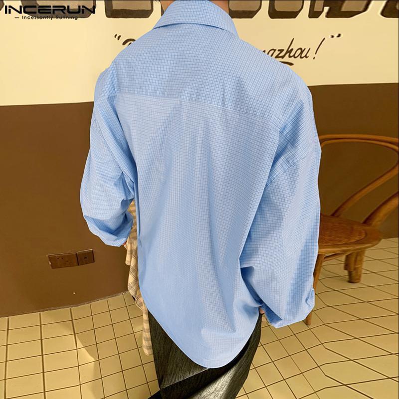 INCERUN Oversized Men Lapel Neck Long Sleeve Floral Print Plaid Casual Shirts Tops