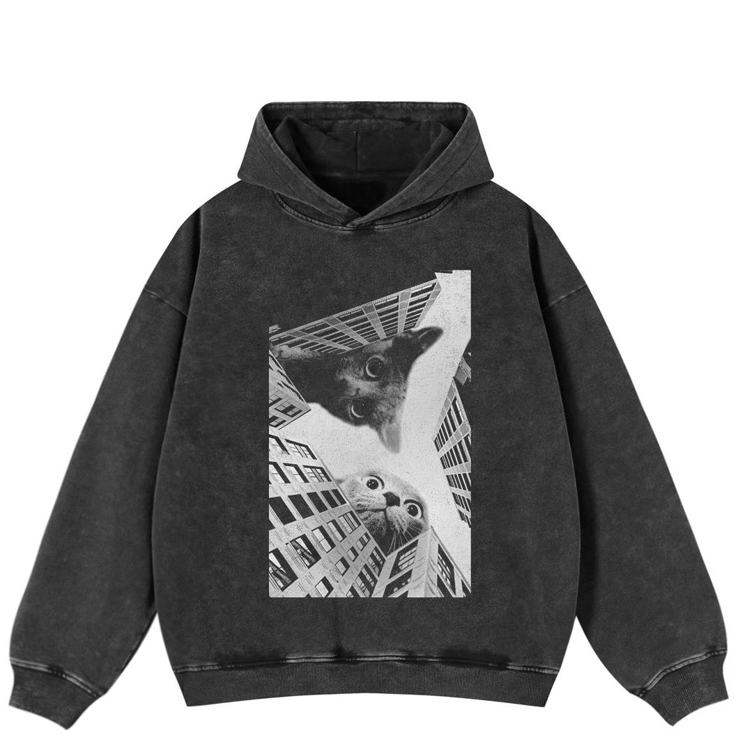

Streetwear Cat s View Graphic Side Pockets Pullover Unisex Oversized Washed Black Hoodie XL чорний