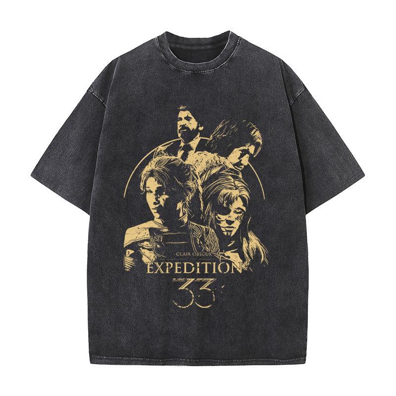 Cotton Washed Game T-shirt Clair Obscur Expedition 33 Print Men Women Streetwear Vintage Short Sleeve Game Fan Gift Tshirt