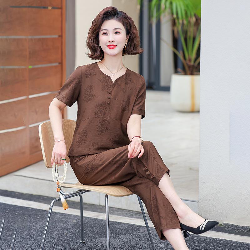 

New Summer Two-Piece Set: Chinese Style Short Sleeve Outfit for Middle-Aged Women 3XL [Recommended 115-130 lbs]