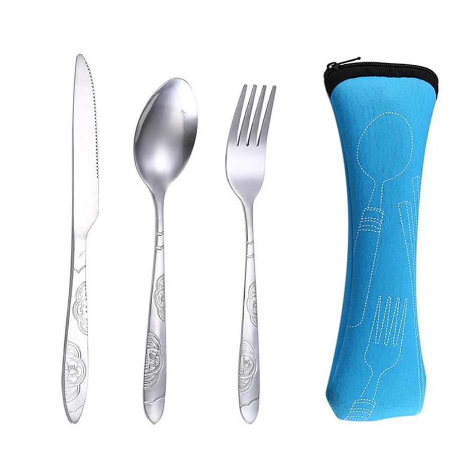 New 3 Pcs/set Dinnerware Portable Printed Stainless Steel Spoon Fork Steak Knife Set Travel Cutlery Tableware With Bag