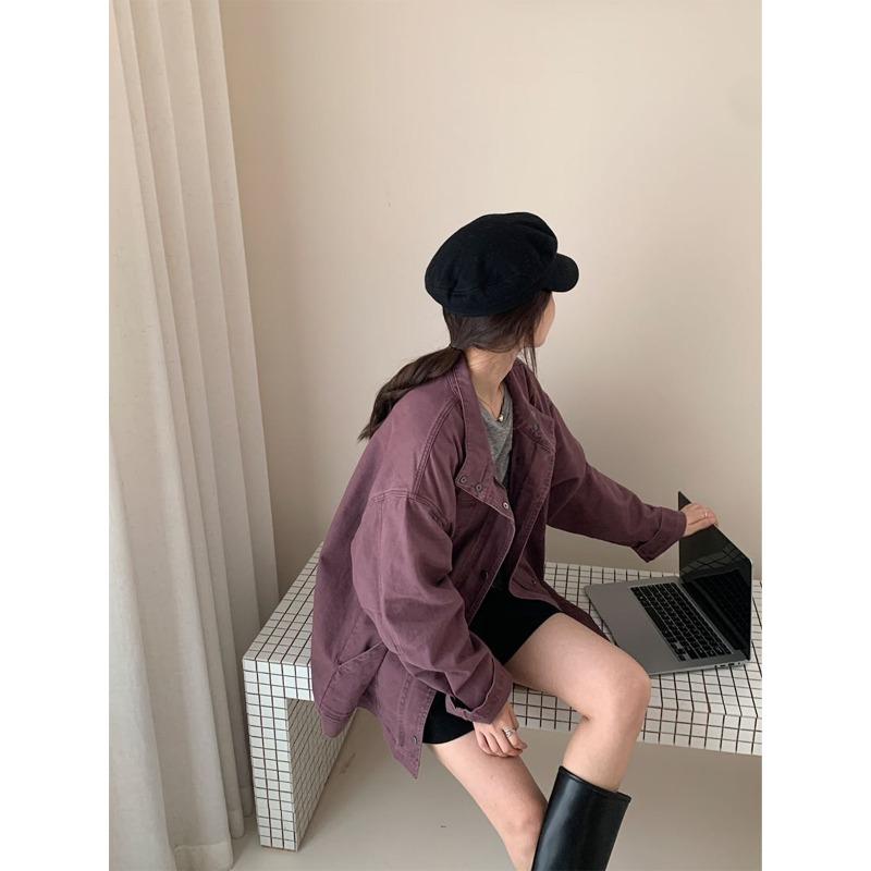 Grape purple denim jacket women's commuter top medium and long stand-up collar jacket