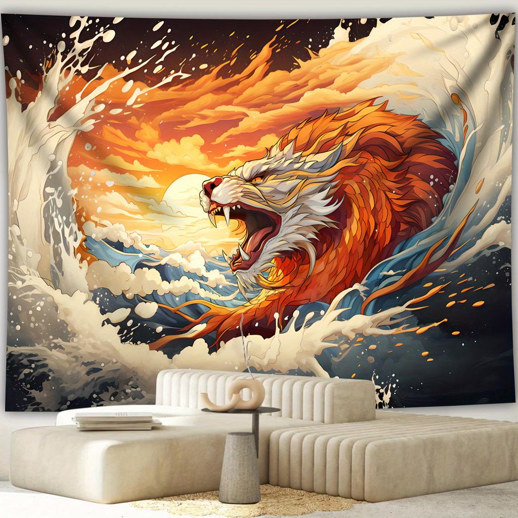 Chinese Fire Dragon Scene Tapestry Ocean Wave Background Fantasy Art Wall Hanging for Living Room or Bedroom Decoration