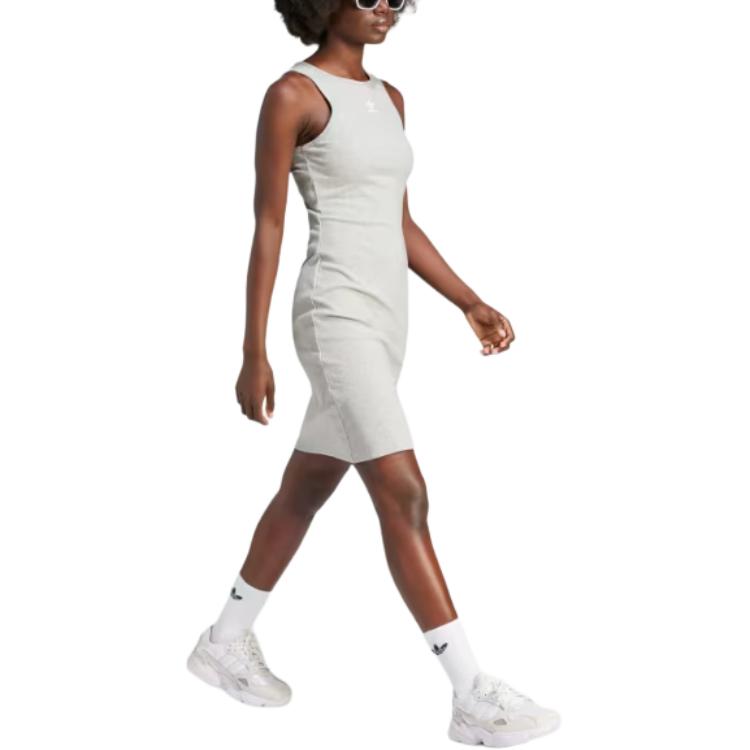 Adidas Originals Essentials Rib Tank Dress Fitted Round Neck Sleeveless Mini Dress Women Dress Light-Grey IR5923