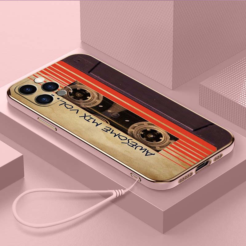 Luxury Plated TPU Phone Case With Lanyard for iPhone 6 6s 7 8 Plus XR XS 11 12 13 14 15 Pro Max Soft Cases A19 Original Retro Cassette Tape Art Cover