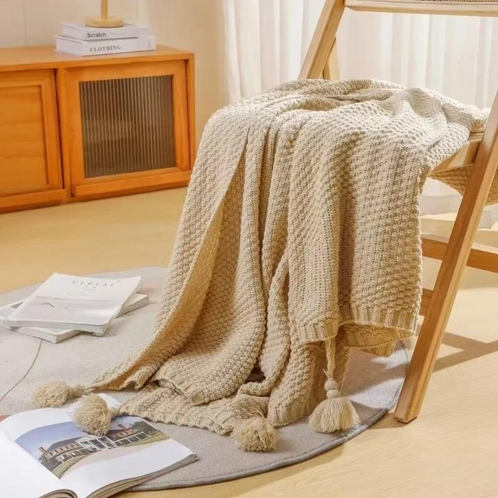 with Tassel Nordic Knitted Blanket Waffle Pattern Sofa Blanket Simple Nap Blanket  Air Condition